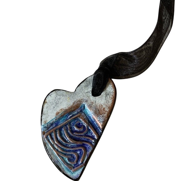 Heart Pendant Necklace Artisan Crafted Ceramic Blue Copper Ribbon Tie - Picture 1 of 1